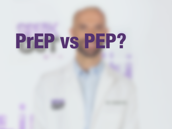 Graphic with text "PrEP vs. PEP?" with doctor in background