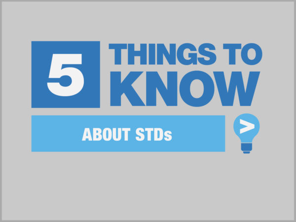 Blue and white Five Things To Know About STDs graphic on gray background
